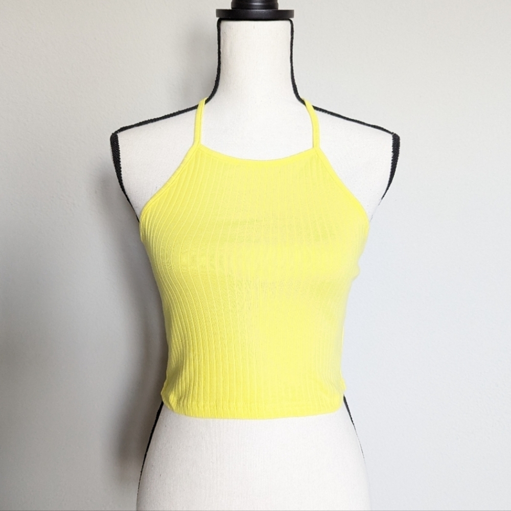 Bright yellow ribbed halter cropped tank top size L